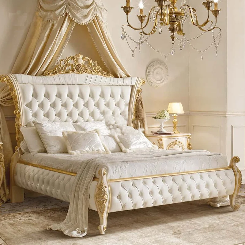 European Style Luxury Wooden King Queen Bed Post-modern Nailhead Trim Leather Furniture