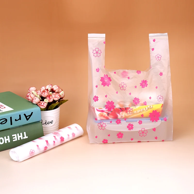 Custom Logo Pink Cherry Blossom Vest Gift Cosmetic Food Packaging Supermarket Shopping Plastic Bags
