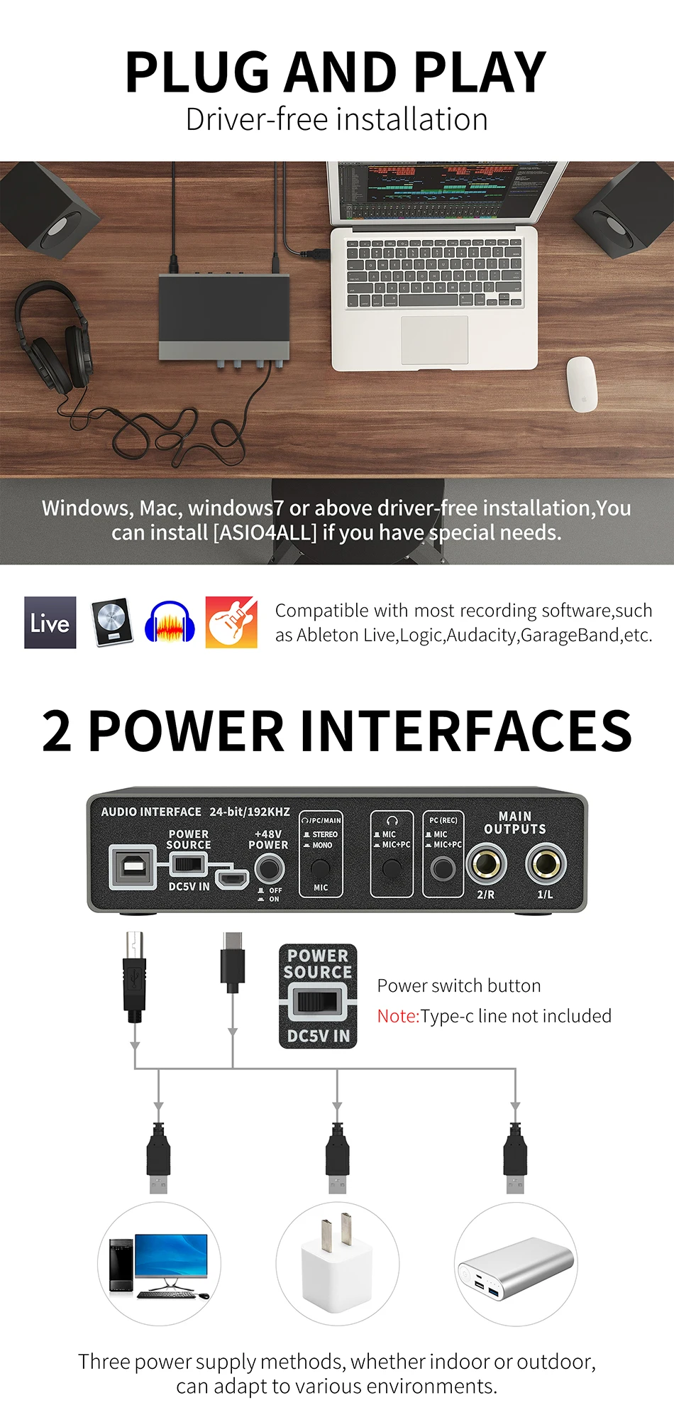 Usb Audio Interface Music External Condenser Microphone Recording Sound Card For Pc Recorder Computer Studio Live