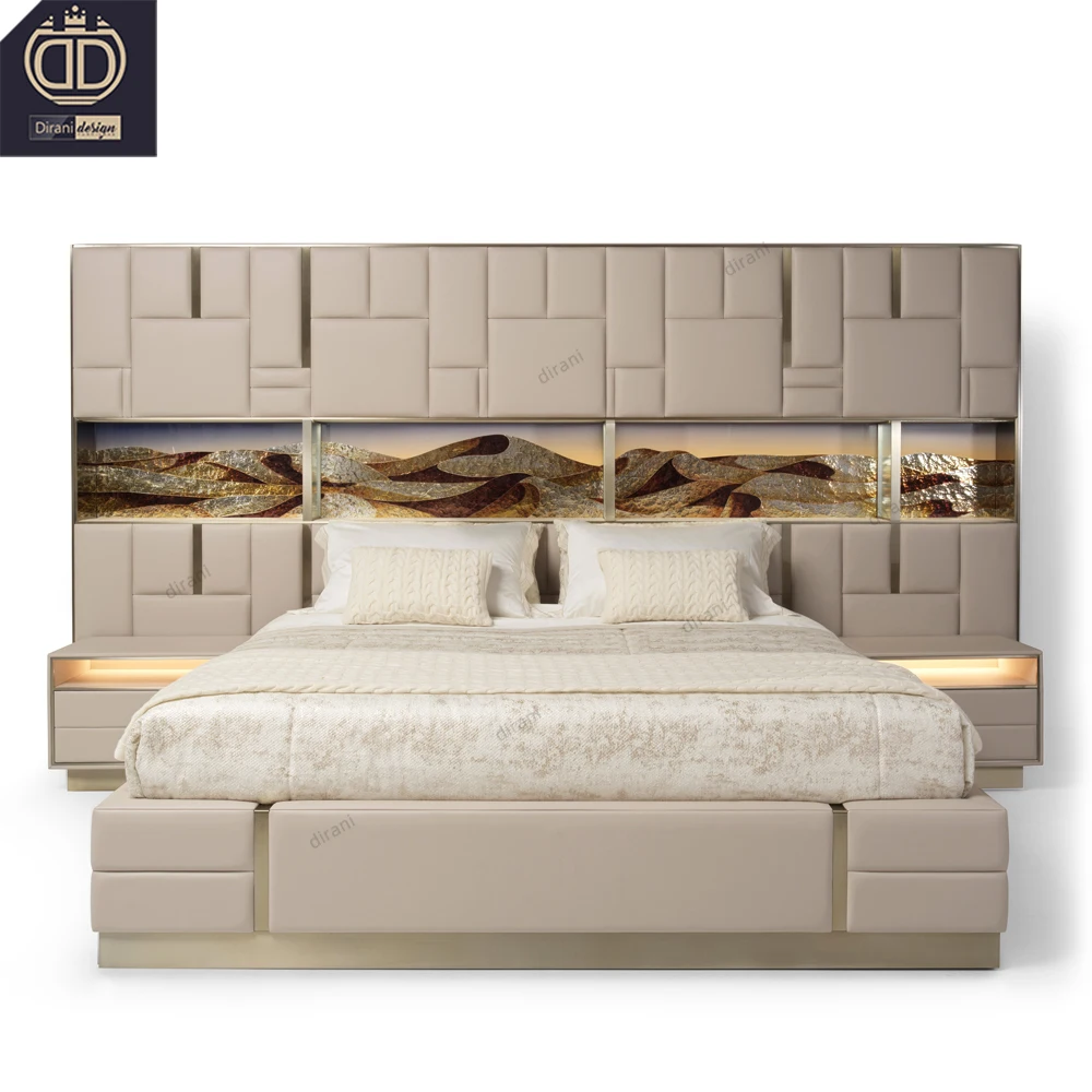 villa high end leather king size tall headboard bed luxury modern tall upholstered bed frame with led lights storage