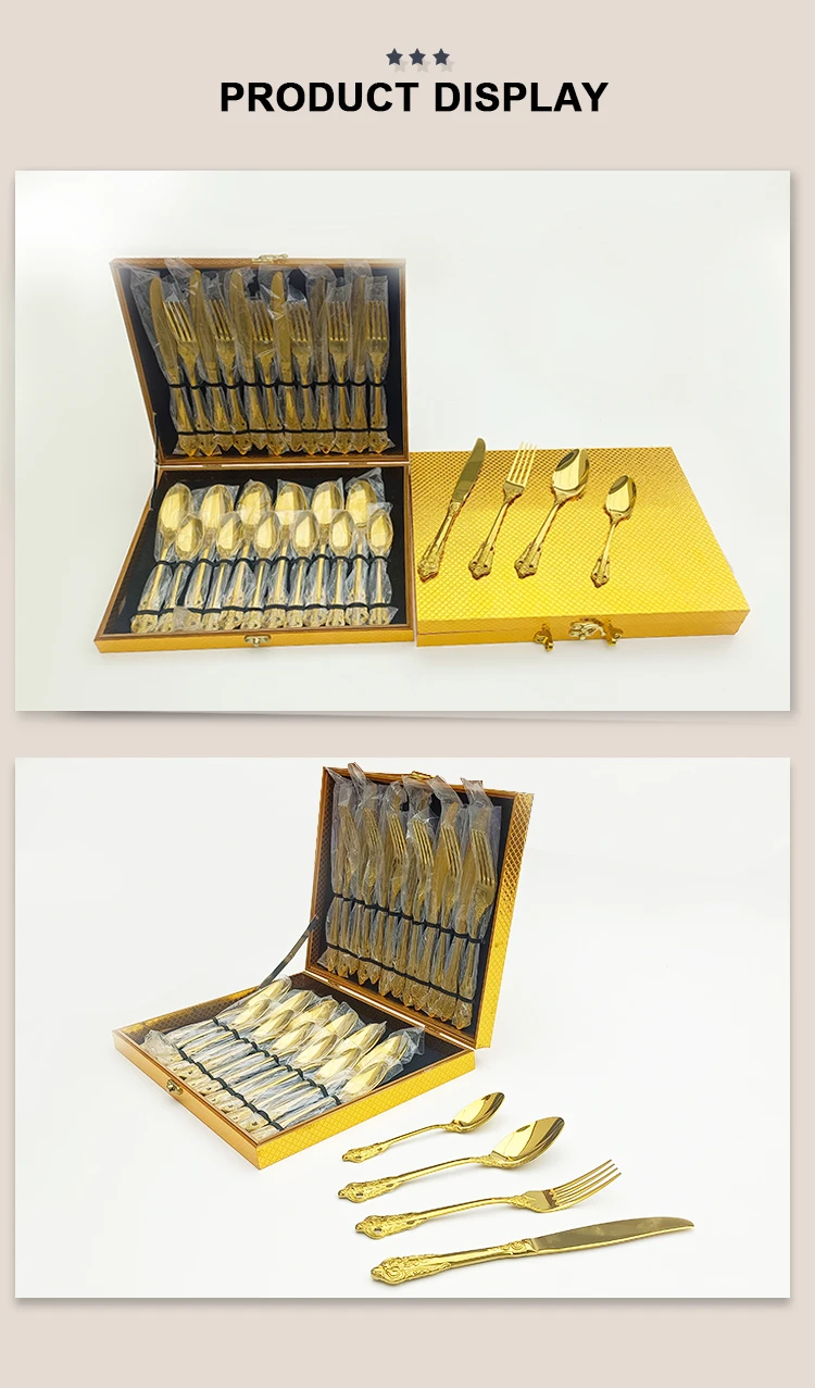 Wholesale luxury antique handle stainless steel vintage silverware cutlery banquet set, silver gold for wedding