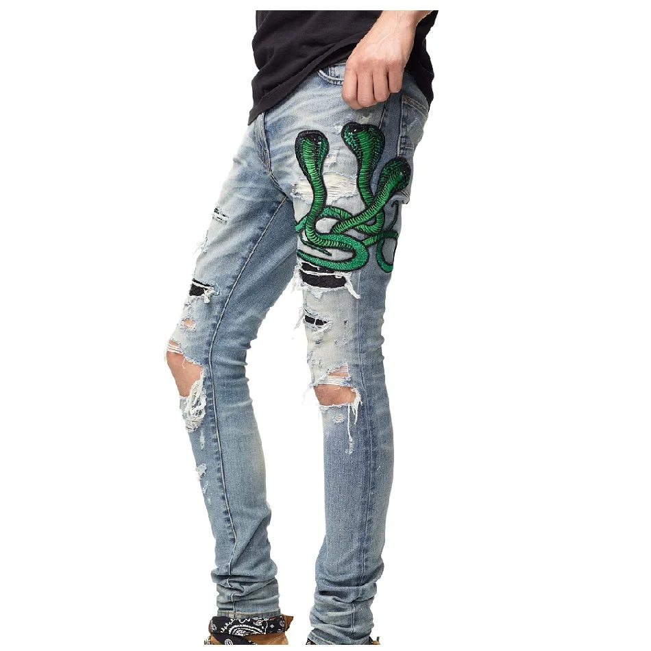 Factory customized 3D Distressed Stacks embroidered Snake Whiskers Denim Jeans For Men