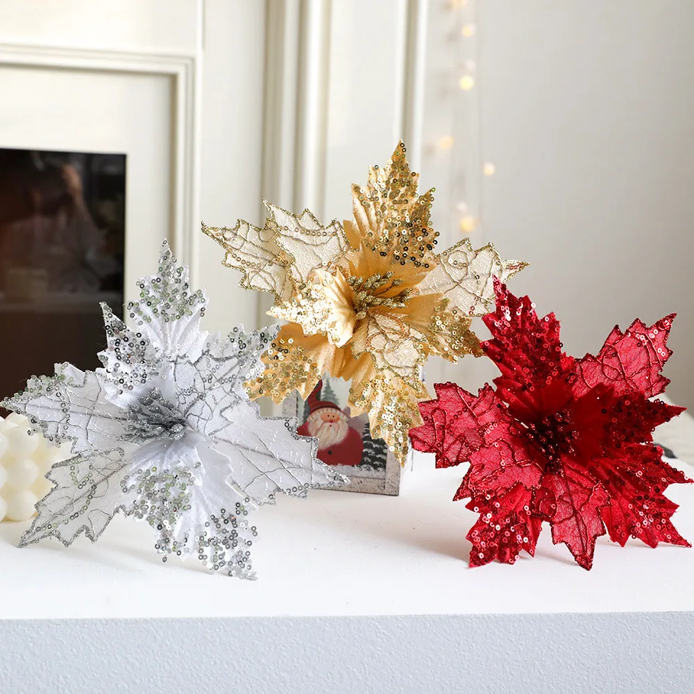 Holiday Xmas Glitter Golden Red Hanging Ornament Artificial Silk Flower Tree Poinsettia for Party Home Decoration