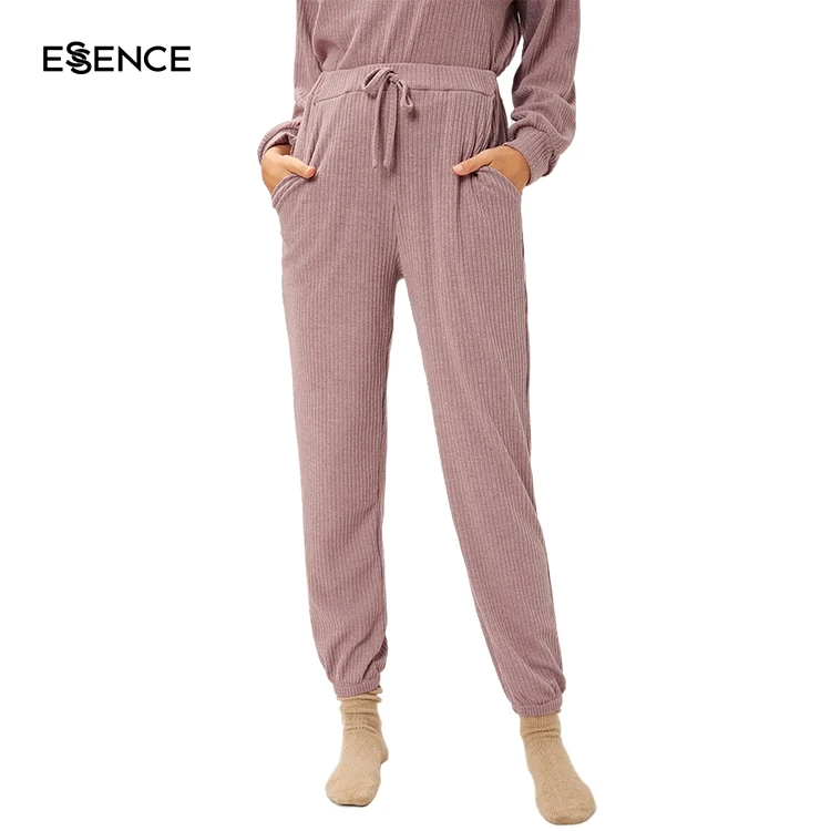 Spring Autumn Solid Pajama Women Drawstring Waist Casual Lounge Polyester Ribbed Knit Long Lounge Pants