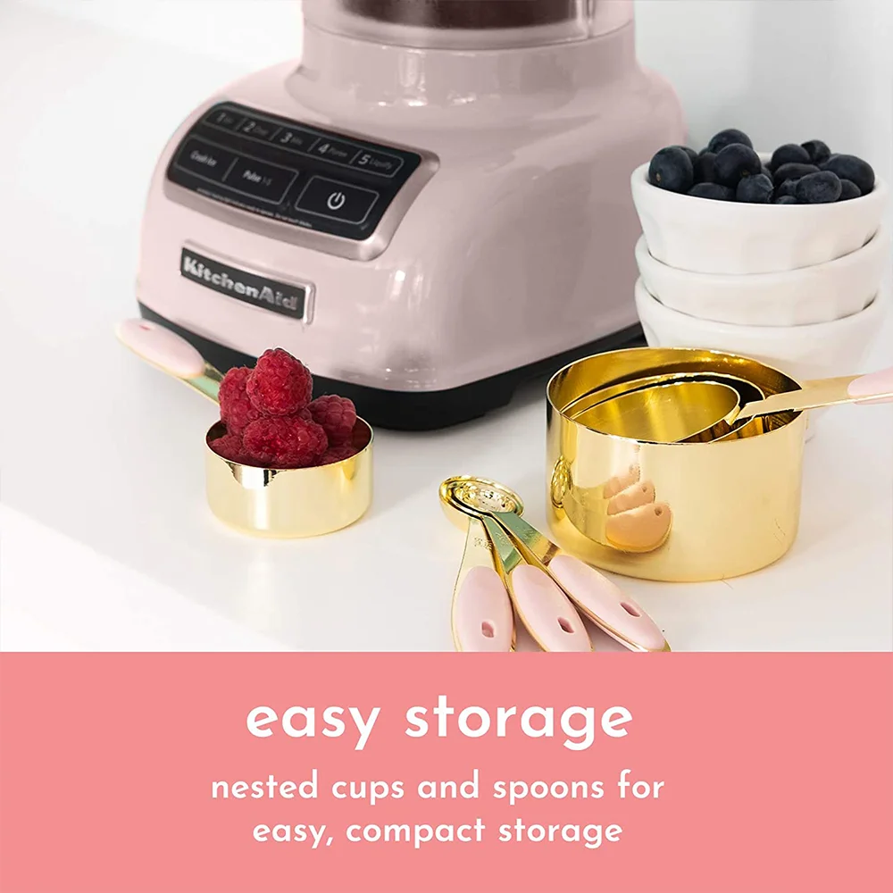 Rose gold Stainless Steel brass metal kitchen cooking measuring spoon and cup with Pink handle spoons cups of coffee espresso