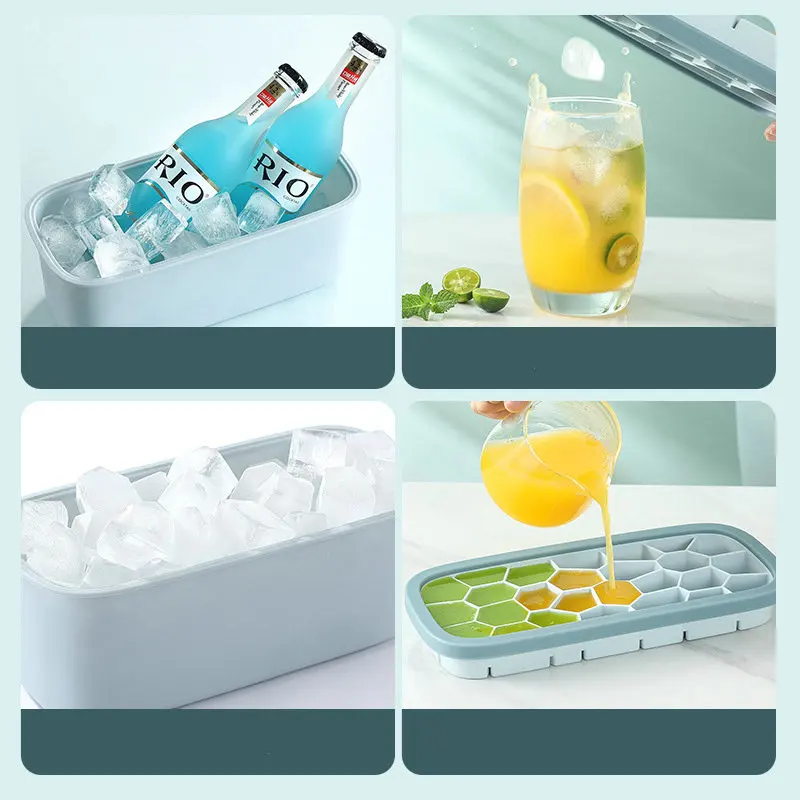 BPA Free Long Big Large Ice Tray Silicone Ice Cube Mold Honeycomb Shaped Designer Silicone Ice Cube Tray With Box Lid And Bin