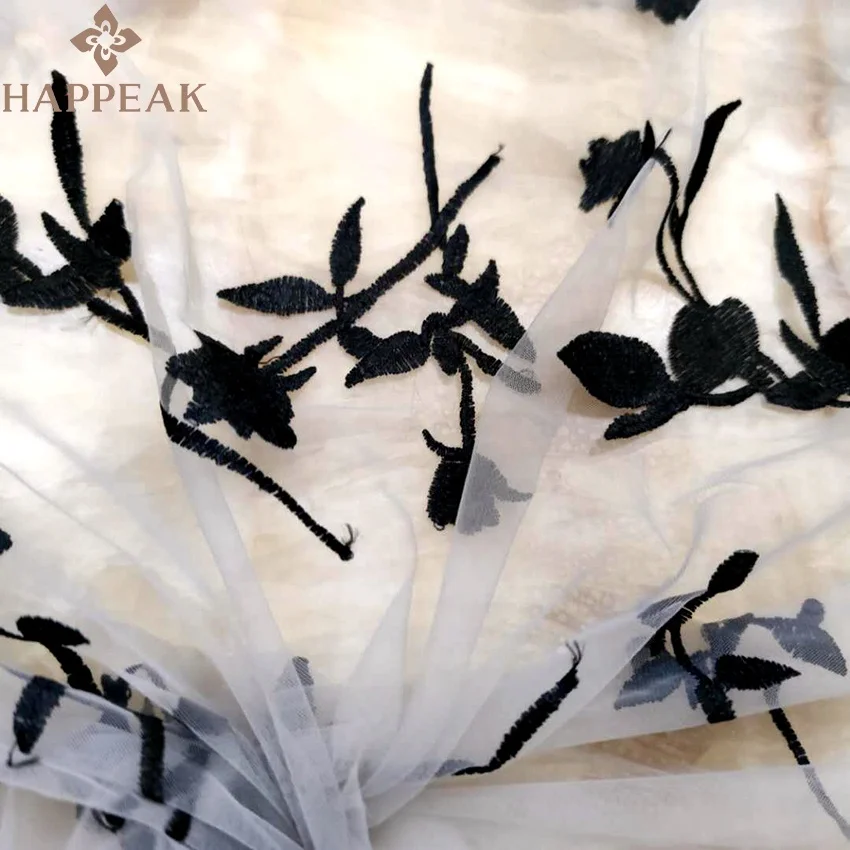 HAPPEAK simple elegant embroidery black rose tulle embroidered fabric for dress