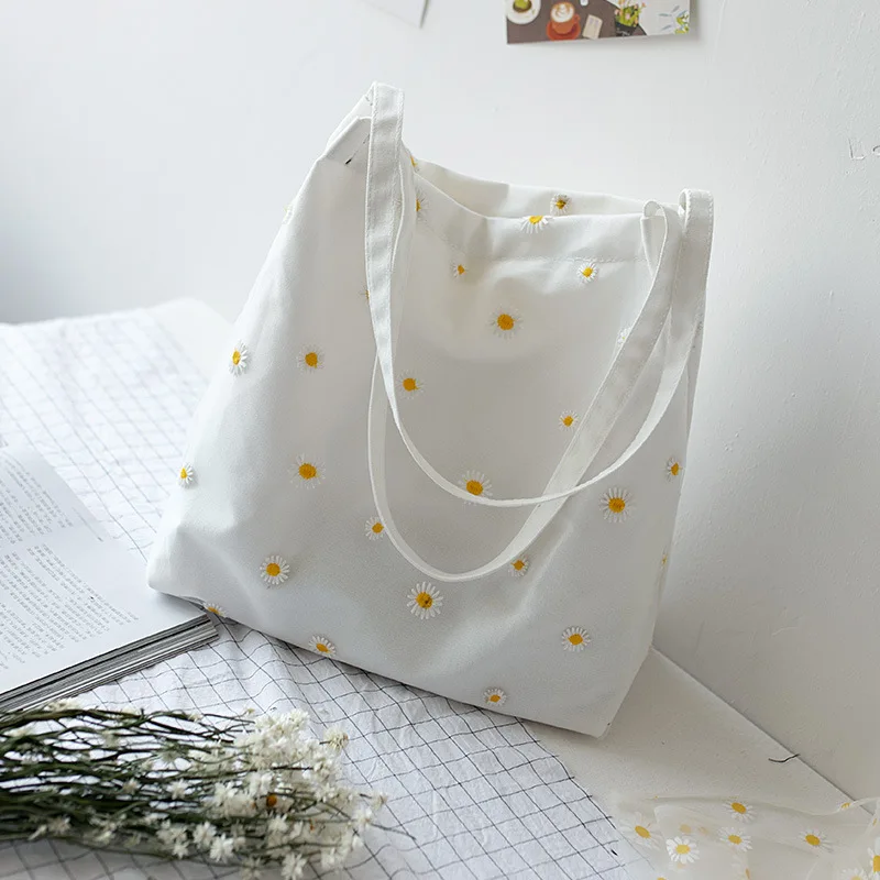 2021 New Designers Small Cute Daisies Embroidery Mesh Cotton Canvas Shopper Tote Bags for Women