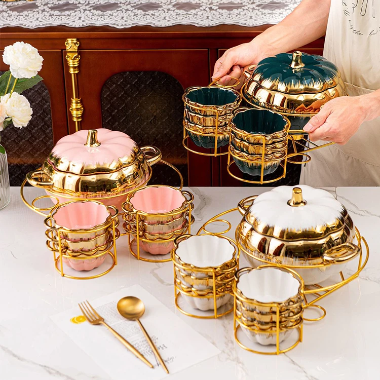 New Design Luxury White Black Pumpkin Shaped Soup Tureen Ceramic Casserole Soup Pot and Bowl Set with Gold Stand