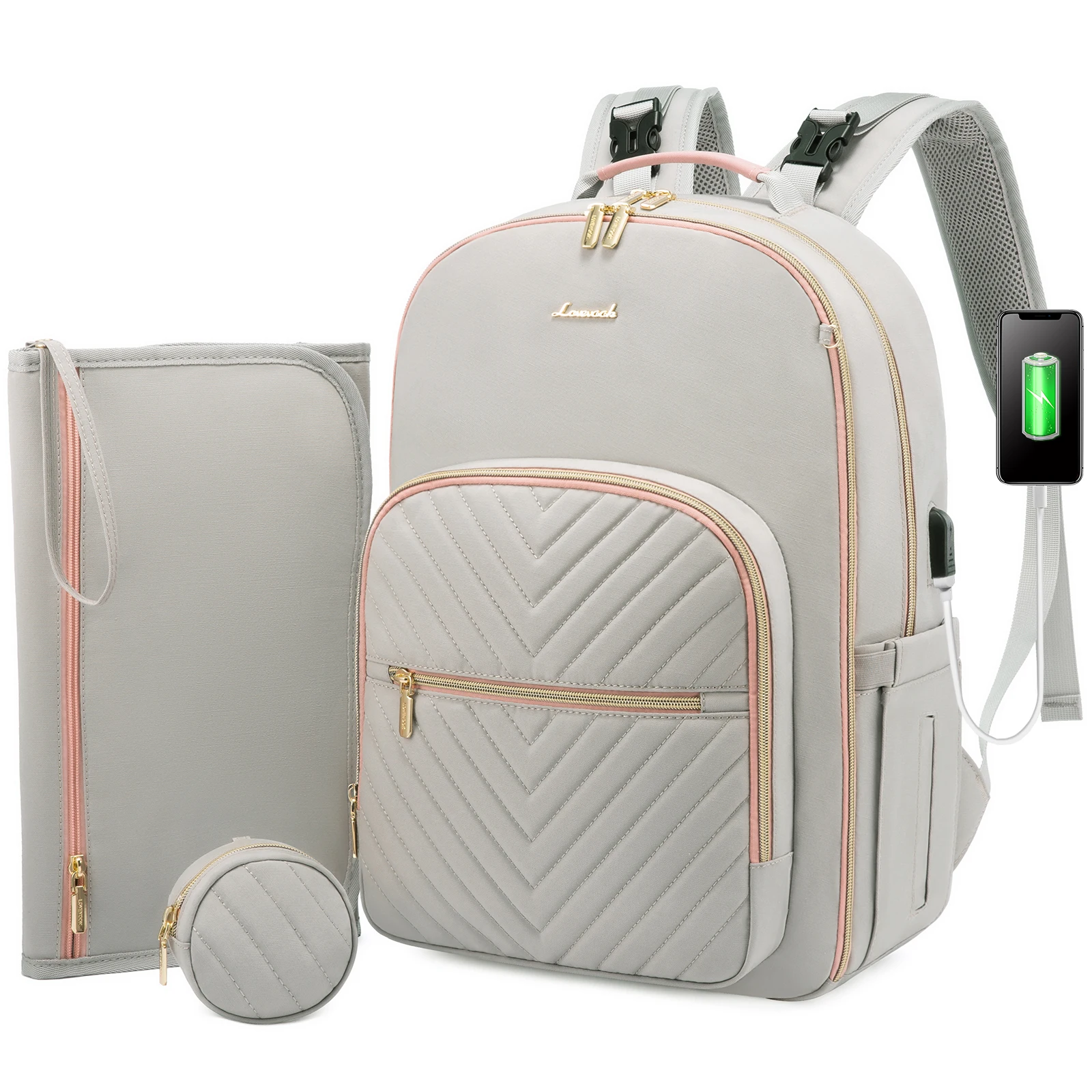 LOVEVOOK Quilted 3pc/set Mommy Bag with Changing Pad Waterproof Travel multipurpose Organizer Diaper Backpack with USB port