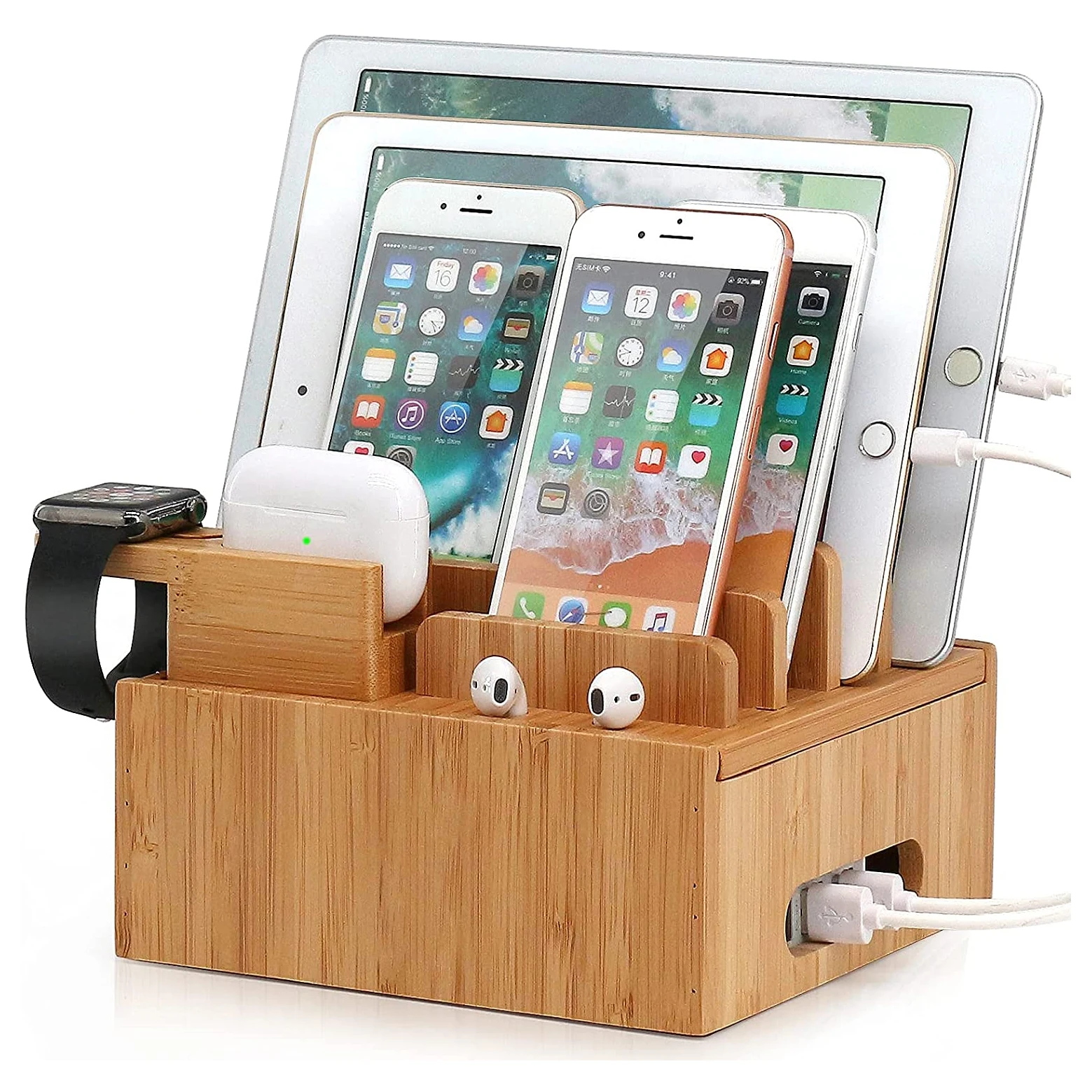 Бамбуковая зарядная станция органайзер для нескольких устройств настольная док-станция совместимая с планшетами сотовых телефонов iWatch Airpod