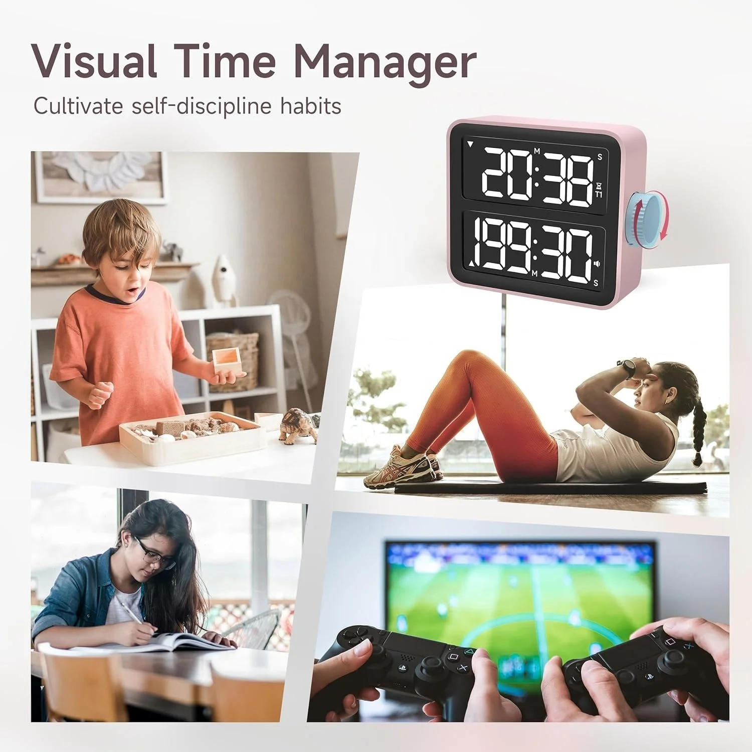 Pink LED dual screen timer positive countdown time 3 levels adjustable volume digital kitchen visual timer