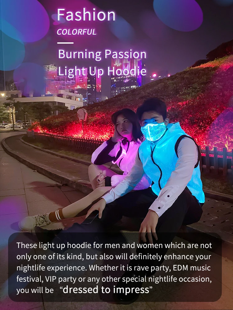 wholesale new design hot selling dance wear hip hop dress festival outfit optic fiber fabric led hooded jacket