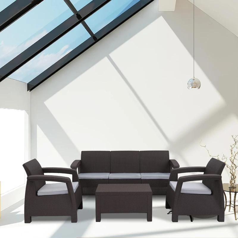 Садовая пластиковая ротанговая уличная мебель, лучший продавец, пластиковый плетеный диван, набор ротанговая мебель для патио