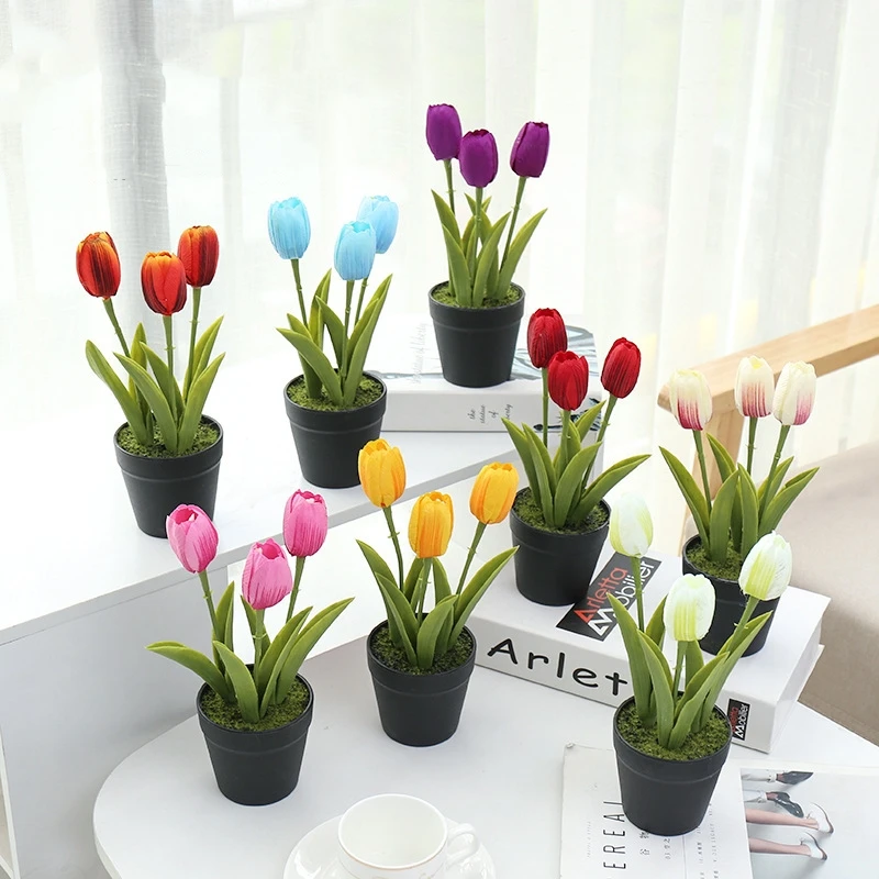 SEASON Wholesale 6 Heads Tulip Flower Artificial Bonsai for Home Table Decoration Silk Tulip in Potted Artificial Plant Decor