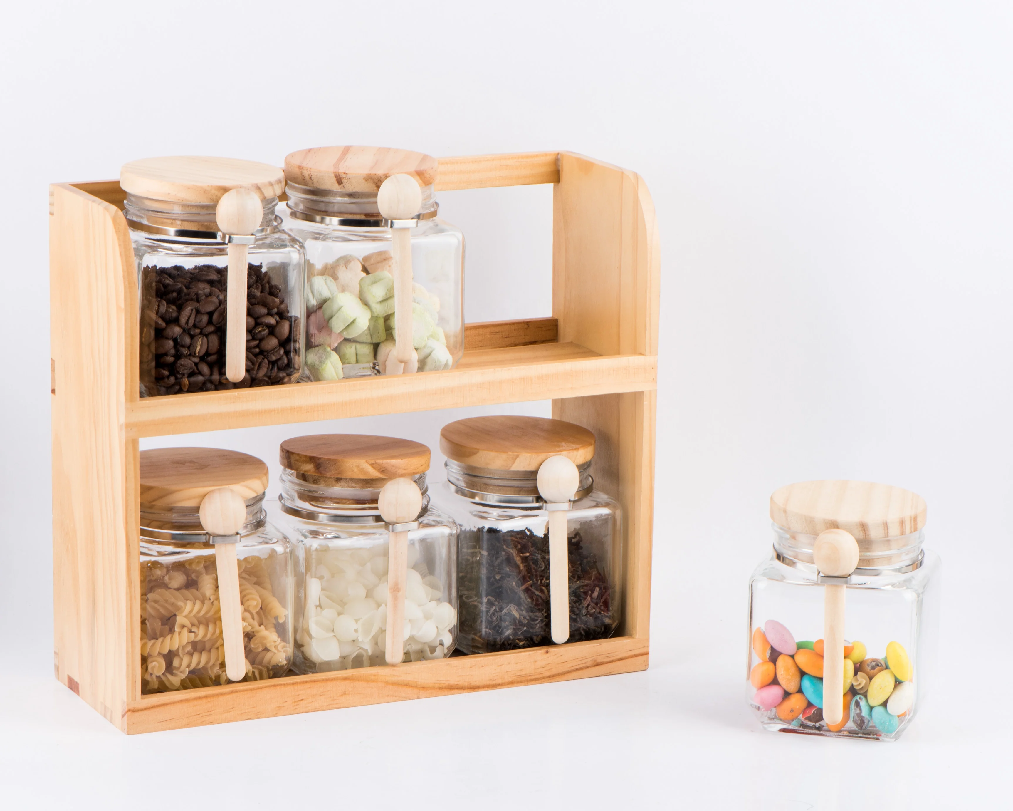 CP171W 6pcs 500ml square Glass Food Storage Jar  Candy Jar with Wooden Lid and Spoon and Wooden Rack