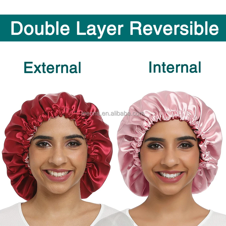 Leeons Cheap Adjustable Satin Bonnet Sleep Cap Silky Satin Cap For Night Sleeping Hair Bonnet Waterproof Bathing Accessory