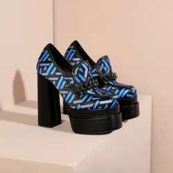 Stylish Designer Brand Women Shoes Square Toe Double Platform Pumps Chunky heel Slip-on Office Lady High Heel Grundfos Pumps