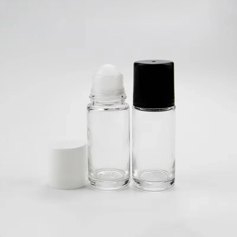 Wholesale empty 30ml 50ml 1oz clear essential oil plastic roller bottle deodorant glass roll on bottle with white black cap