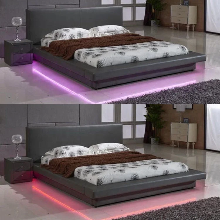 New fashion black double king size high headboard leather LED bed