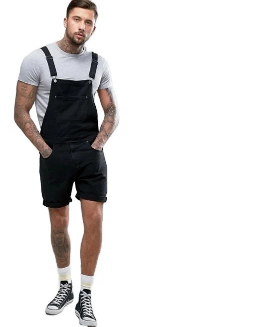 KY Stretch Denim Fabric Black Wash Square Neck Classic Dungarees Design Adjustable Buckle Straps Functional Pockets Short Denim