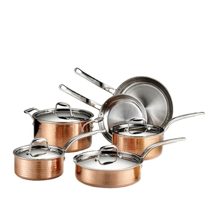 Manufacturer OEM 10 Piece Hammered Stainless Steel Copper Cookware Pot Pan Set for Home Kitchen Cooking