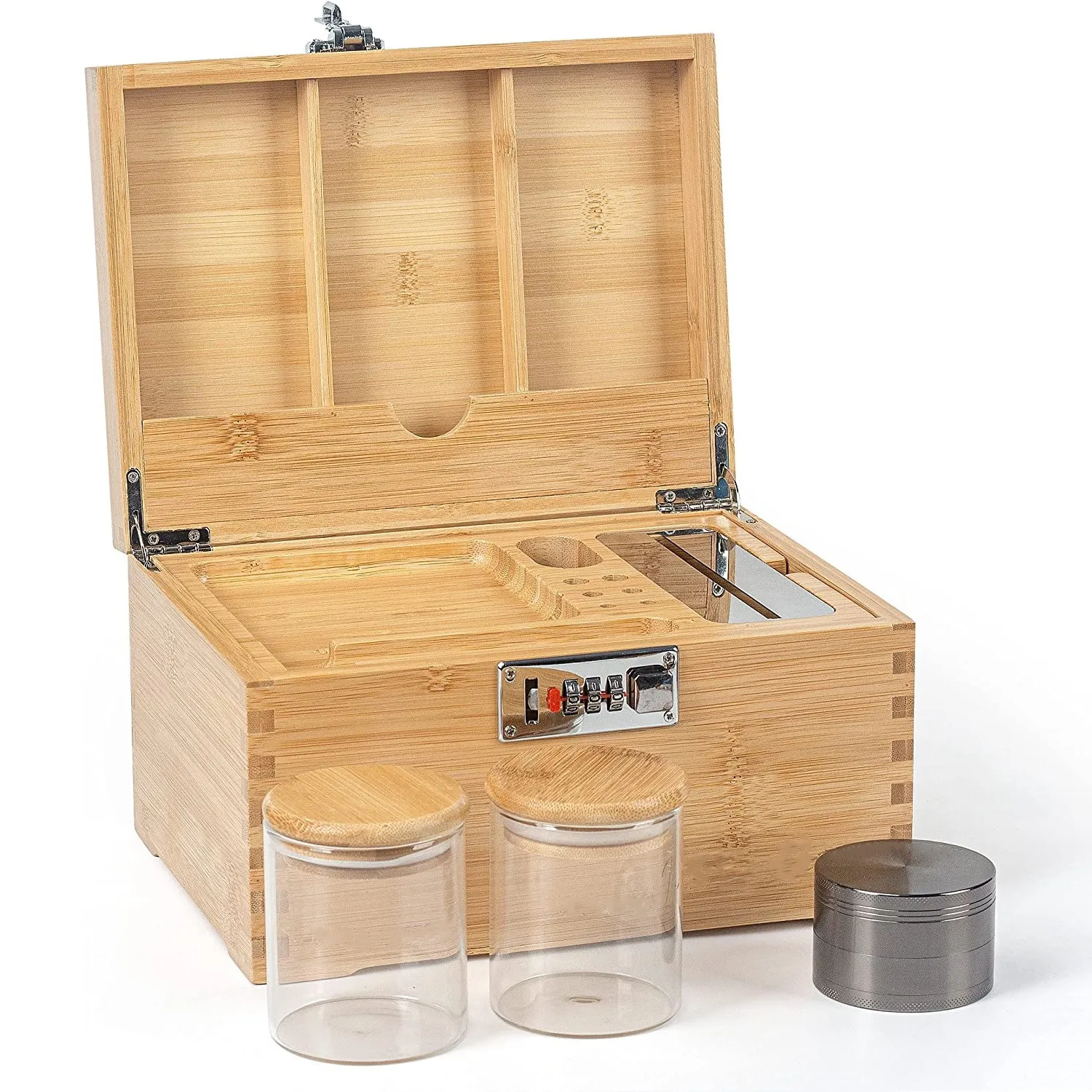 Custom bamboo wooden stash box with rolling tray combination lock