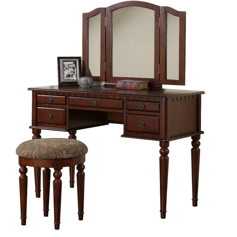 
USA Best Selling Classical Luxury Design Big Tri-folding Mirror Espresso 5 Drawers Vanity Set 