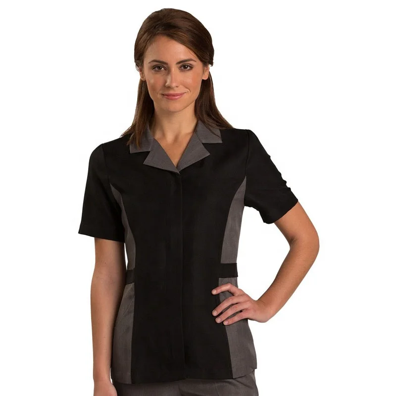 Custom Logo Short Sleeve Hotel Restaurant Cleaning Worker Staff Waiter Ladies Housekeeping Maid Uniform Top