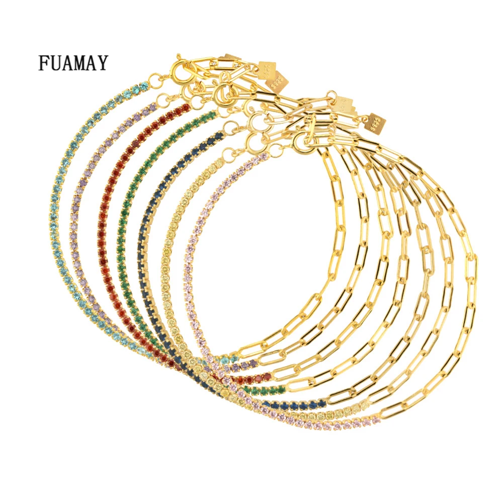 FUAMAY 925 Silver Tennis Bracelet & Chain Bracelet Splicing Fashion Jewelry Zircon Colorful Tennis Bracelet