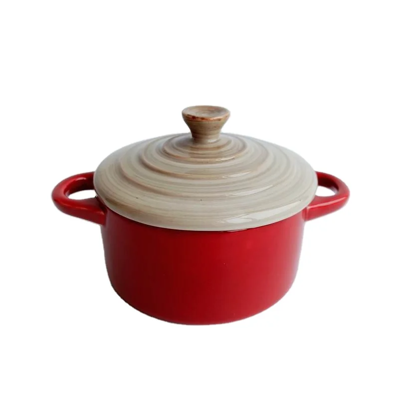 
Wholesale hand made Red ceramic ramekin stoneware mini casserole with lid and handles 