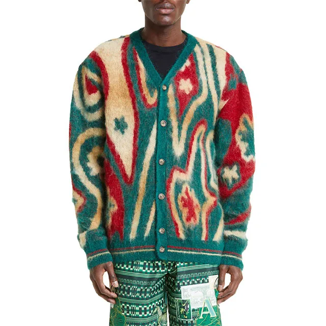 Custom Logo New Design Men Jacquard V-neck Knitted Fuzzy Long Sleeve Mohair Cardigan