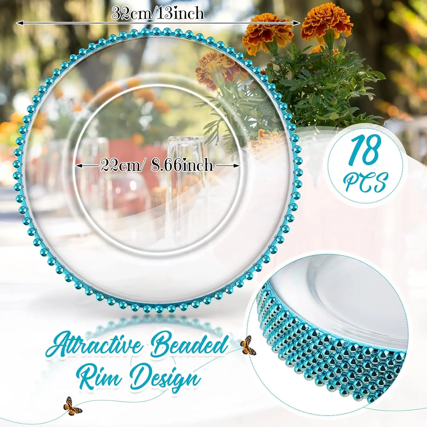 Home Kitchen Party Wedding Tabletop Decor 13 Inch Plastic Acrylic Round Bright Blue Clear Charger Plates with Beaded Rim
