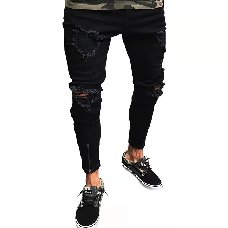 China Factory Custom Wholesale Popular Stretch Zippered Tapered Leg Slim Fit Ripped Black Jeans Men
