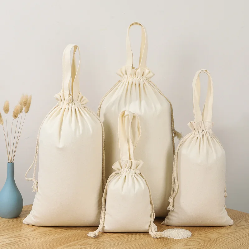 Environmentally friendly folding reusable canvas bunched large rice bag flour cotton bag drawstring portable storage canvas bag
