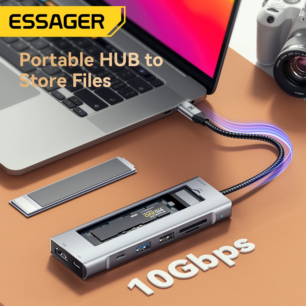 (3 Years Warranty) Essager 10Gbps External Hard Drive Enclosure 8 in 1 Laptop USB C HUB for M.2 PCIe NVMe and SATA SSD