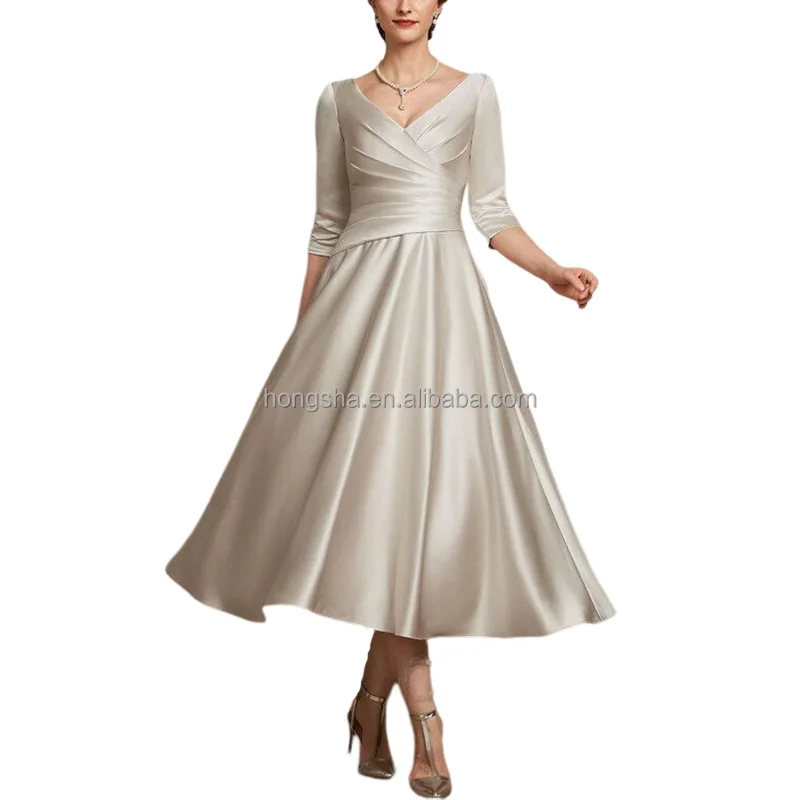 Half Sleeve Satin A Line Wedding Dress Women V Neck Bridal Satin Fabric Wedding Dress Ruffle Front Elegant Satin Wedding Dresses