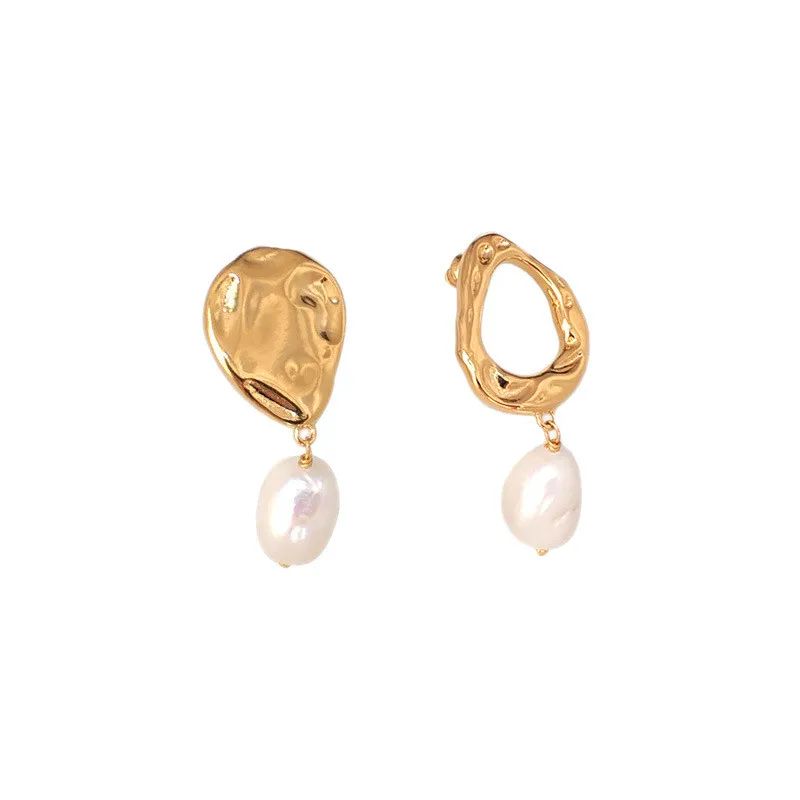 Aimgal jewelry Baroque fresh water pearl earrings for women fashion temperament vacuum plating asymmetrical earrings for women
