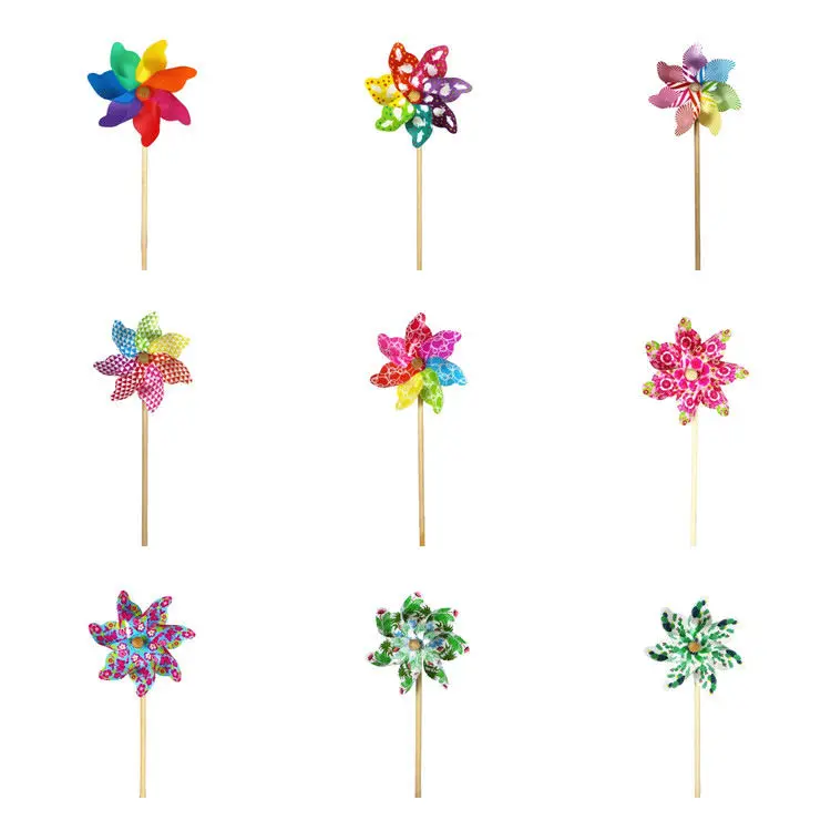 BAILING Garden Decor hand held Wooden Rainbow Windmill Kids Toy Dot And Stripe Windmills