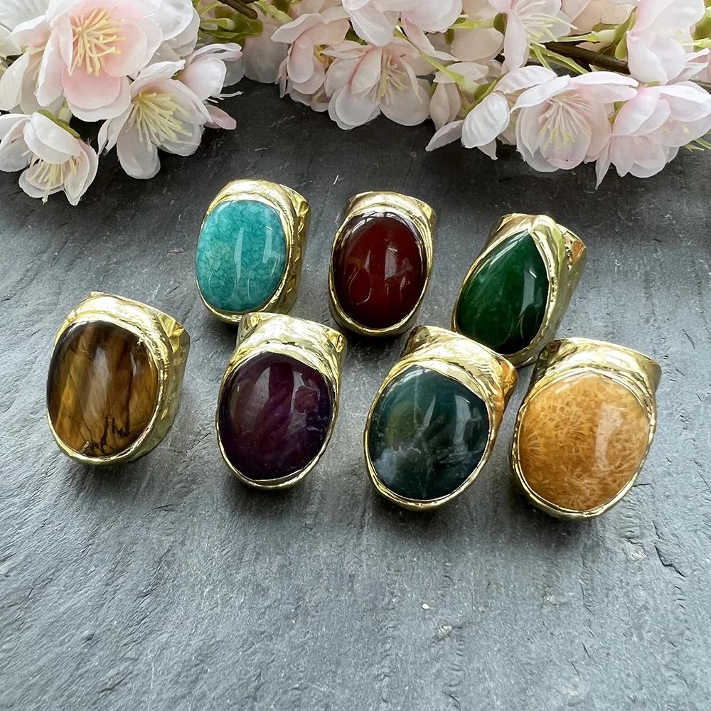 Unisex Jewelry Green Chalcedony Fashion Ring Red Agate Natural Amethyst Tigers Eye Gold Plated Wholesale Band Rings Adjustable