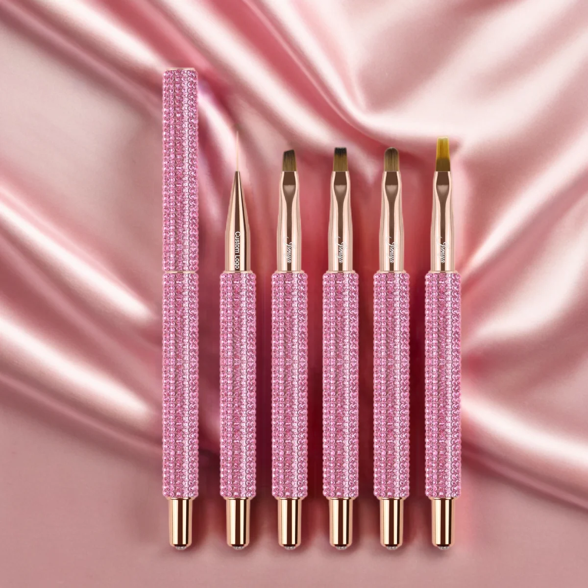 popular Nail salon brush metal handle with pink bling Rhinestones nail brush sets for girls nail designs 2024