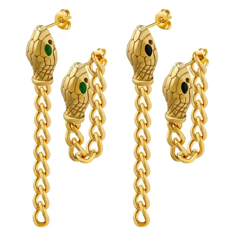 Luxury Fashion Two Ways Wearing Earrings Jewelry Serpentine Long Chain Stainless Steel Gold Plated Snake Head Earrings