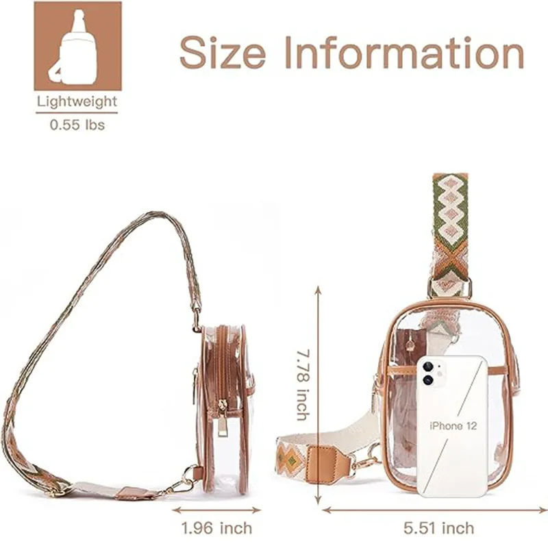 Clear PVC Chest Bag Adjustable Strap Crossbody Waist Bags For Outdoor Guitar Strap Zipper Chest Bag