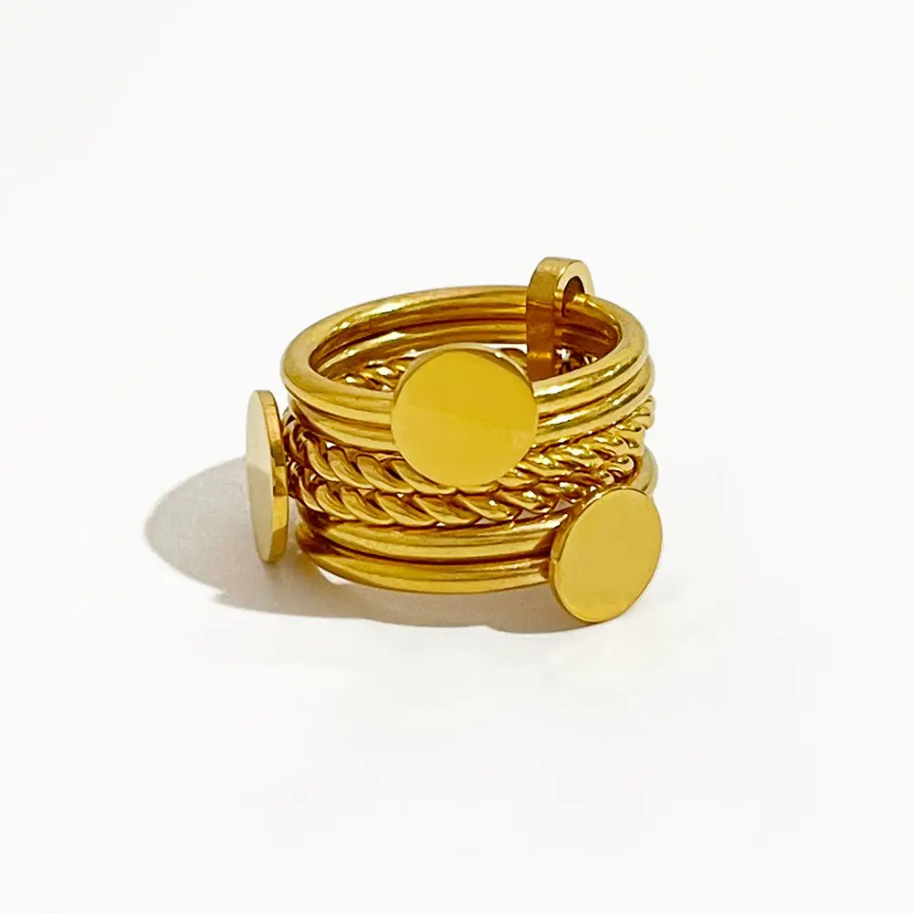 R0001 Detachable 6Pcs Gold Twisted Coin Wide Rings Women Stainless Steel Disc Stackable Rings Waterproof Wholesale Party Jewelry