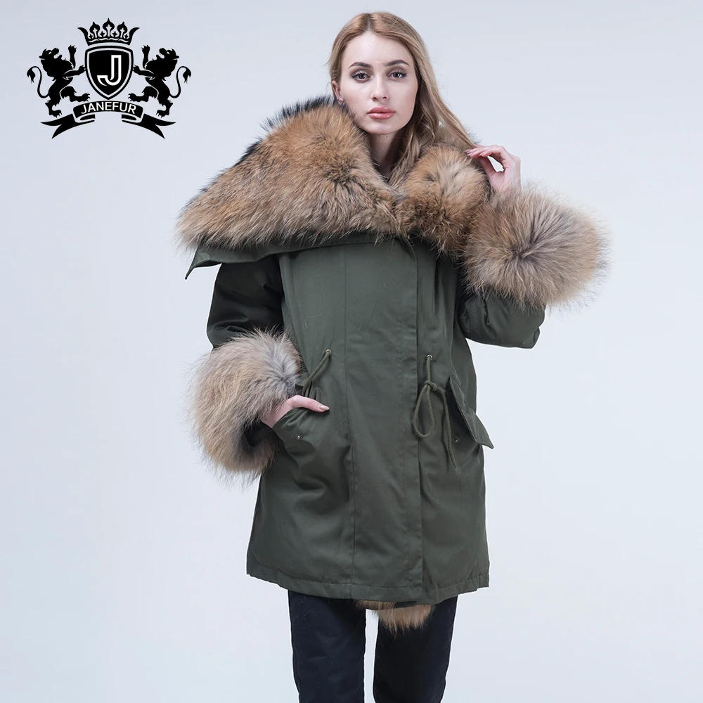 Janefur Unique Design Angel Collar Ladies Green Parka Jacket Raccoon Fur Lining Parka with Pockets Womens Parka