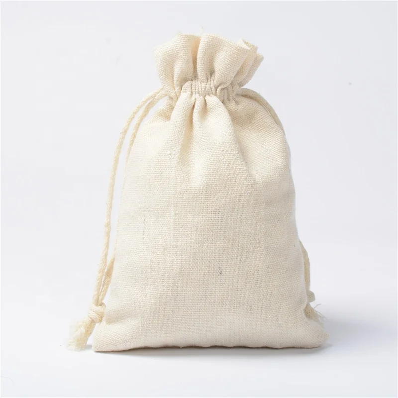 Natural Color Cotton Bag Rice Seaming Drawstring Cotton Linen Gift Tea Jewelry Packaging Bag With Custom Logo