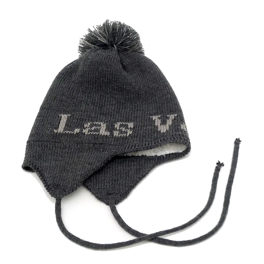 Custom Winter Thermal Fleece Lined Knitted Beanie Hats for Men Women Girls Boys Earflap Cap Toque with Pom Pom Designer Logo