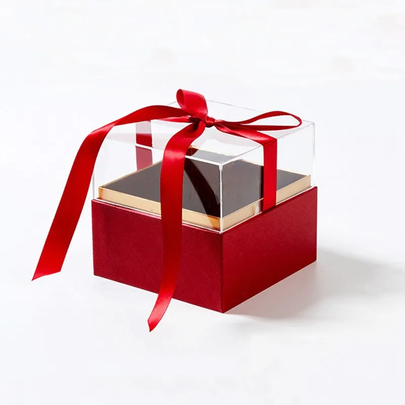 Attractive Christmas Festival Customized Square Acrylic Tie Ribbon Art Paper Packaging Gift Box Flower Box Transparrency Box