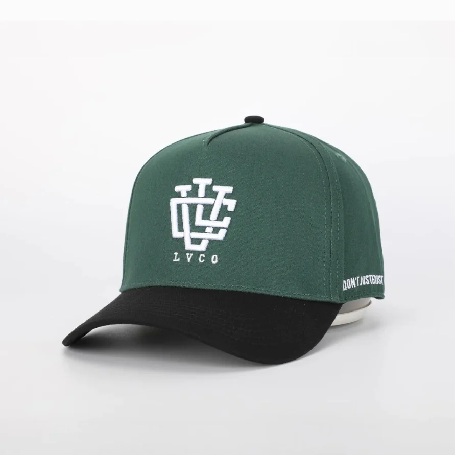 High Quality Men 3D Embroidered Baseball Hats For Adult Custom Dark Green Cotton Embroidered Mid Crown Two Tone 5 Panel Baseball