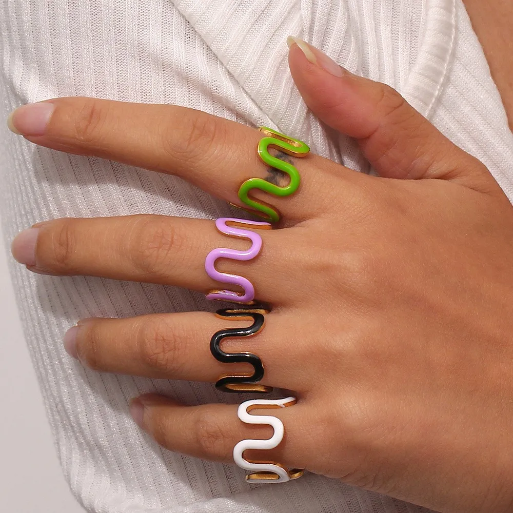 Wholesale Fashion Luxury Women Rings Zircon Pearl Enamel Chunky 18K Gold Stainless Steel Women Ring